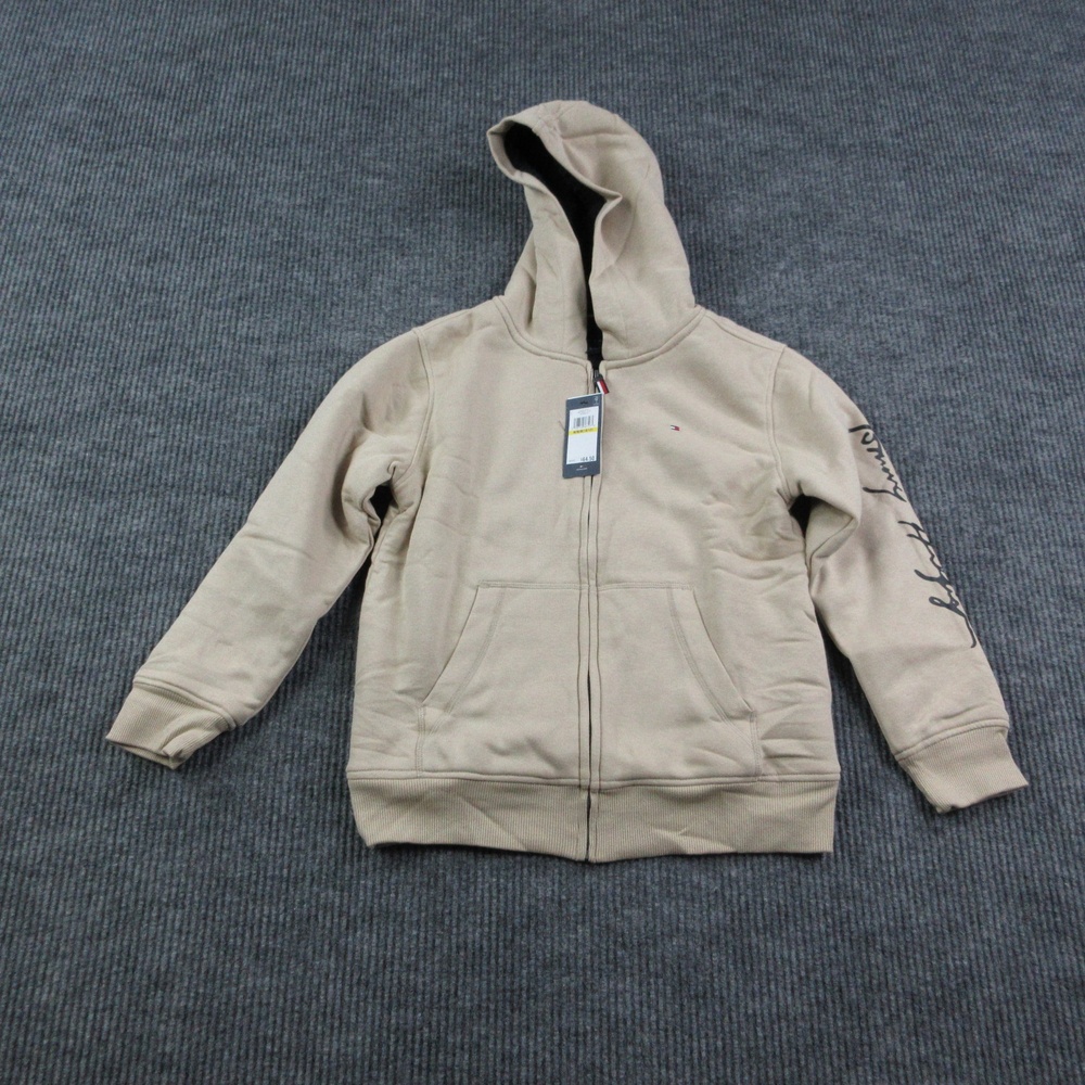 Tommy Hilfiger Hoodie Boys 10-12 Beige Full Zip Lined Fleece Hooded Pockets NWT